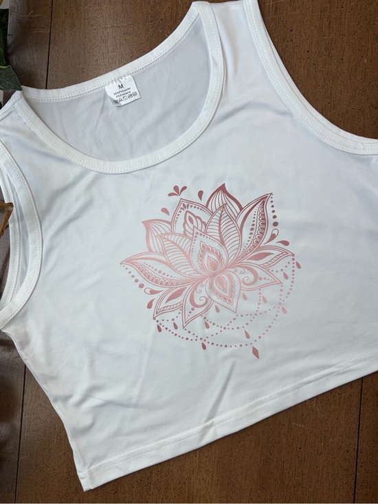 Tops - White Pink Lotus Mandala Cropped Tank Top Size M Yoga Festival